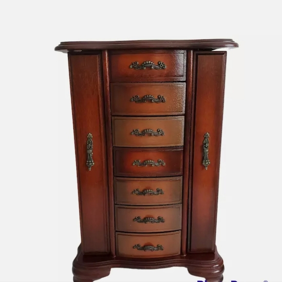 Vintage Wood Jewelry Box Drawer Two Doors Mirror Bombay Style